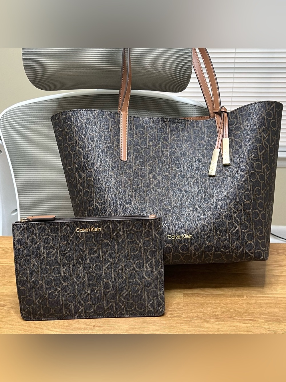 Calvin Klein Dark Brown Monogram Tote with Pouch
